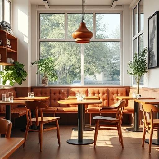 Vista interior de la cafetería con mesas y sillas cómodas